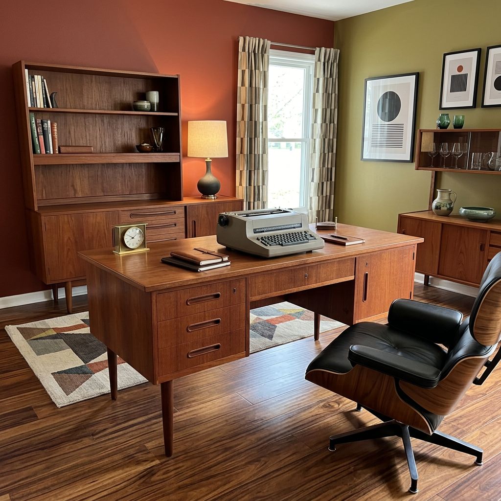S53 - MCM Desk, executive 4 sided with front bookshelf in teak