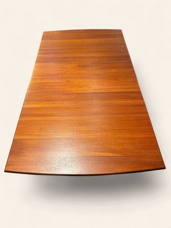 S51 - MCM Danish Dining Table with handsome base and stretcher also self storing pop up leaf