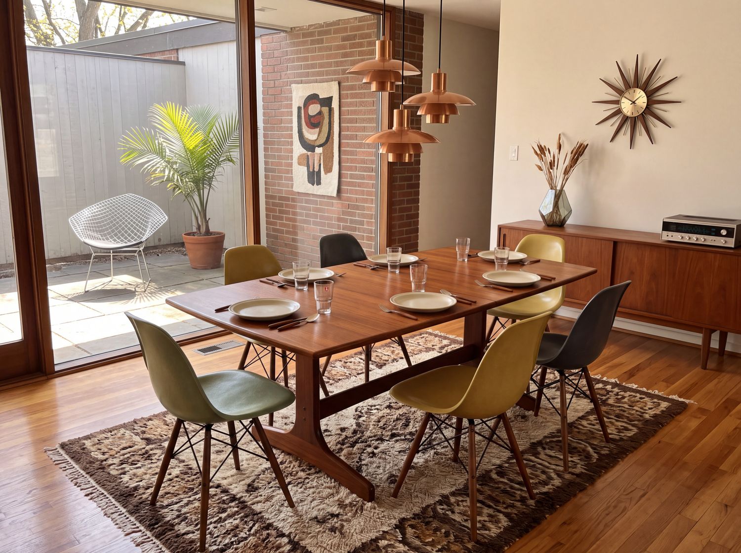 S51 - MCM Danish Dining Table with handsome base and stretcher also self storing pop up leaf