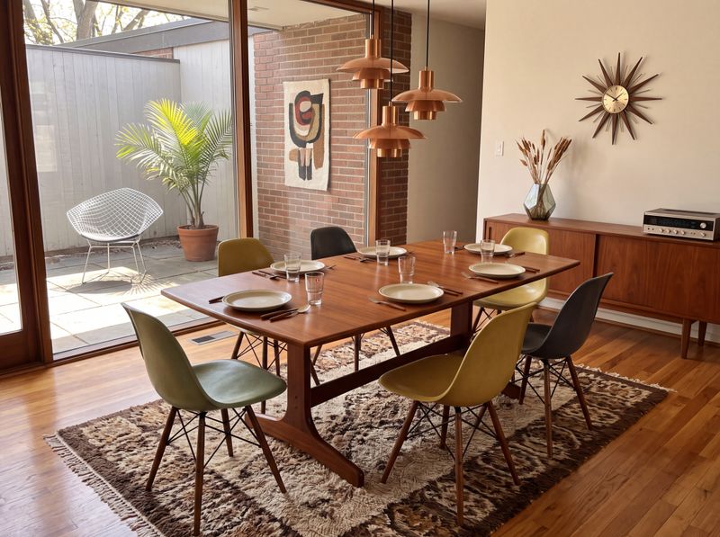 S51 - MCM Danish Dining Table with handsome base and stretcher also self storing pop up leaf