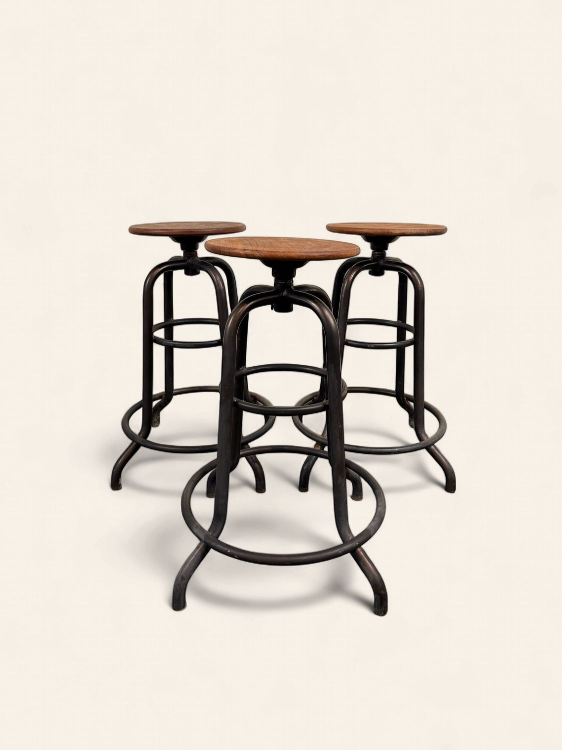 E123 - Set of Three Stools with Vintage Black Bases & Round Wood Tops