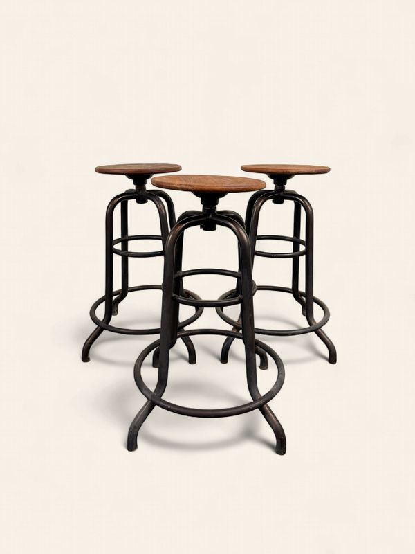 E123 - Set of Three Stools with Vintage Black Bases & Round Wood Tops