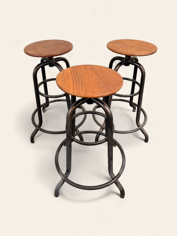 E123 - Set of Three Stools with Vintage Black Bases & Round Wood Tops