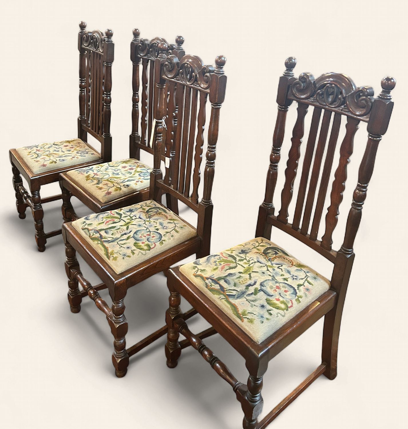 E89 - Charming Set of 4 English Oak Dining Chairs with needlepoint pattern seats