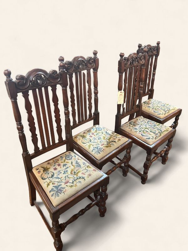 E89 - Charming Set of 4 English Oak Dining Chairs with needlepoint pattern seats