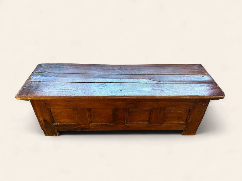 O95 - Circa Early 1800s Oak Blanket Chest with exceptional patina paneled front + side