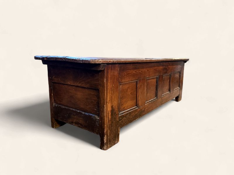 O95 - Circa Early 1800s Oak Blanket Chest with exceptional patina paneled front + side