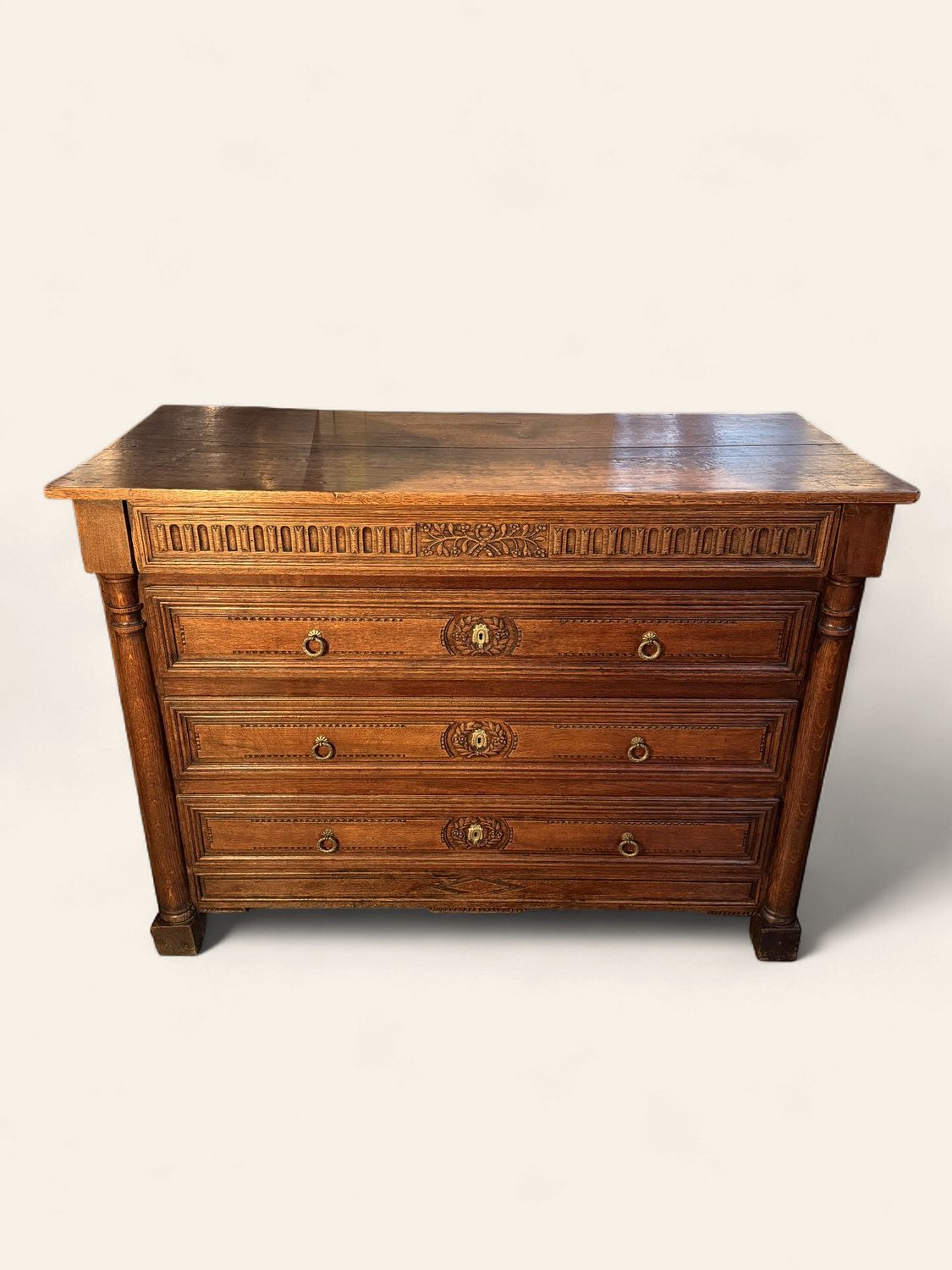 O97 - Beautiful French 19th Century oak chest with great detailing, raised panel drawers