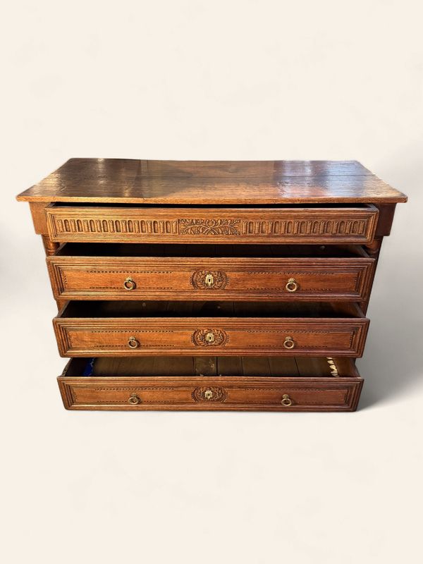 O97 - Beautiful French 19th Century oak chest with great detailing, raised panel drawers