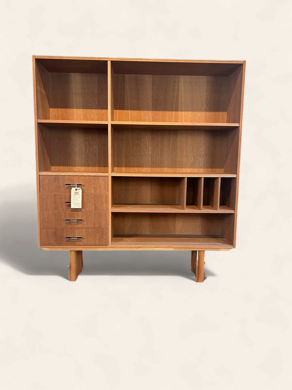 S43 - Danish Oak bookshelf; fun shelf variation with 4 surprise lower drawers with black accent hardware