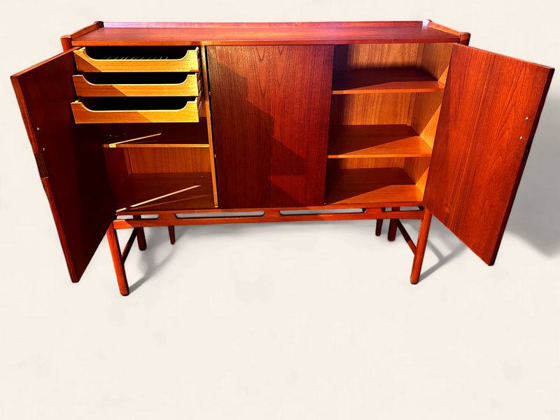 S48 - MCM Office centric highboy locking doors outfitted interior in teak + beech