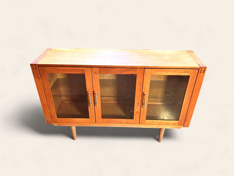 S52 - Modern Danish MCM 3 Door glass cupboard with interior + cool hardware