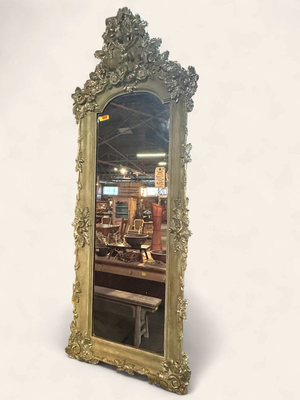O102 - French 19th Century ornate floor mirror in sage