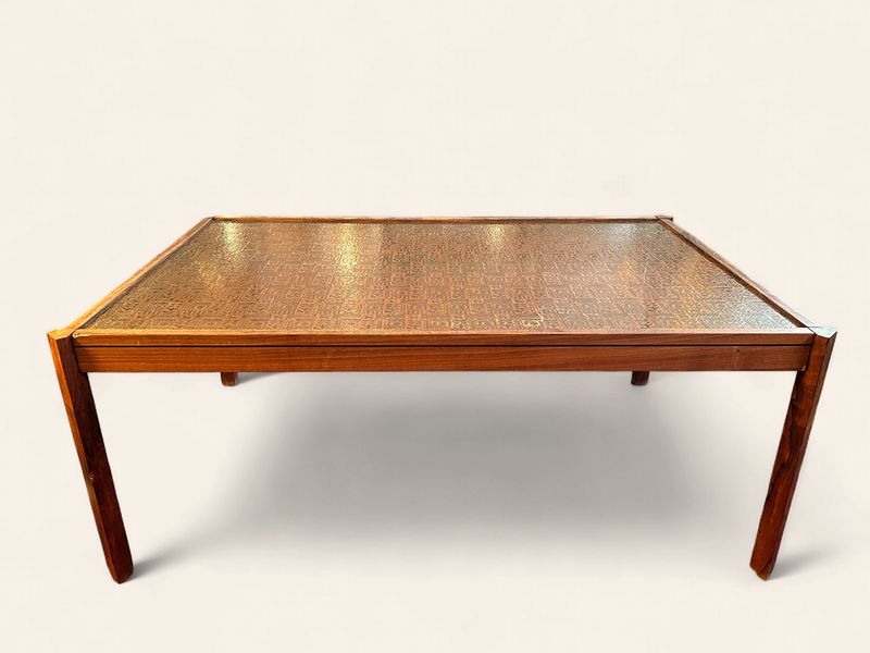 S16 - 1970s Teak Frame with pressed copper top nature motif (coffee table)