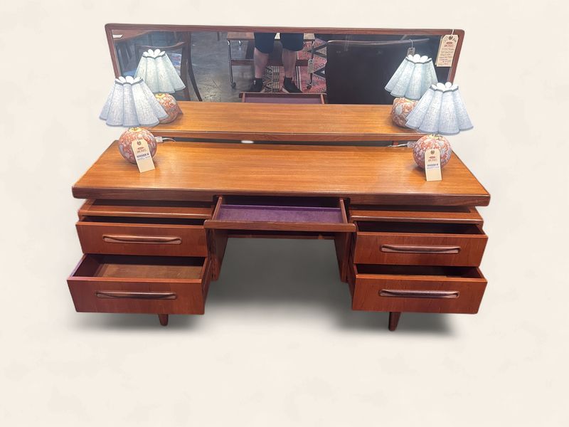 E75 - MCM Floating Top Dressing Table with Mirror and purple interior