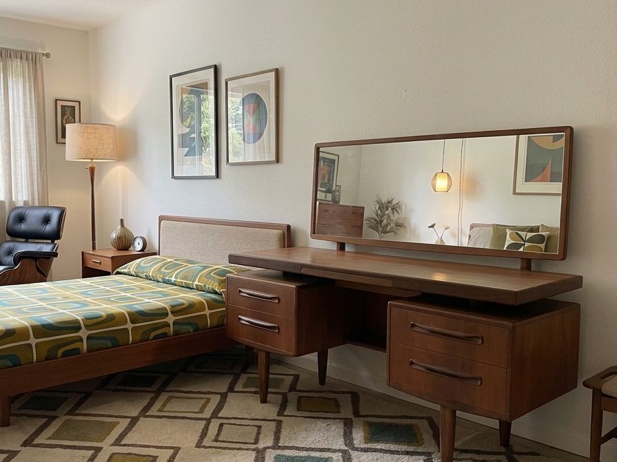E75 - MCM Floating Top Dressing Table with Mirror and purple interior