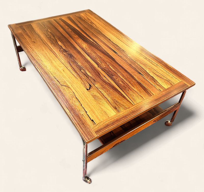 S24 - Rosewood Coffee Table/Server with two tiers on chrome wheels and frame