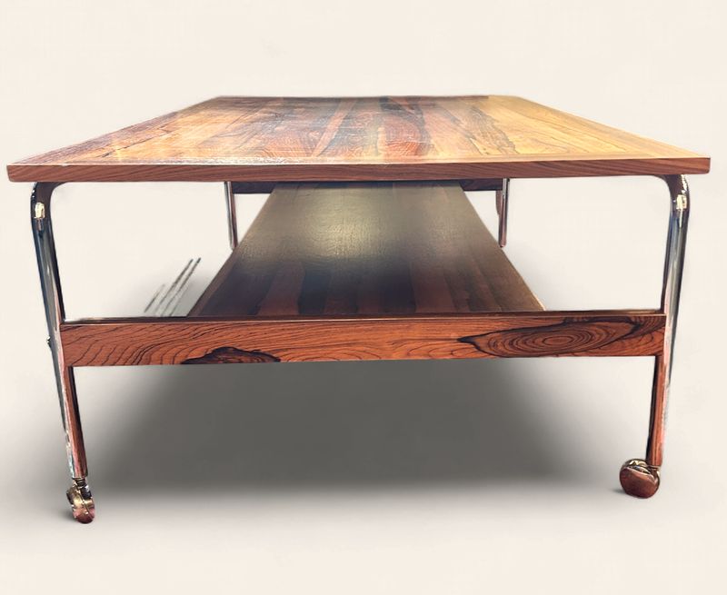 S24 - Rosewood Coffee Table/Server with two tiers on chrome wheels and frame