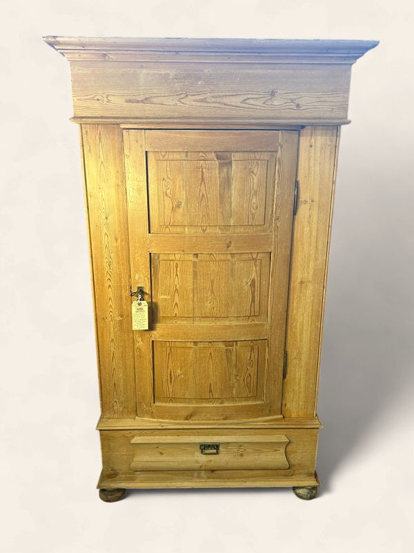 S31 - Stripped Pine Single Curved Door Wardrobe with Dovetails on bun feet