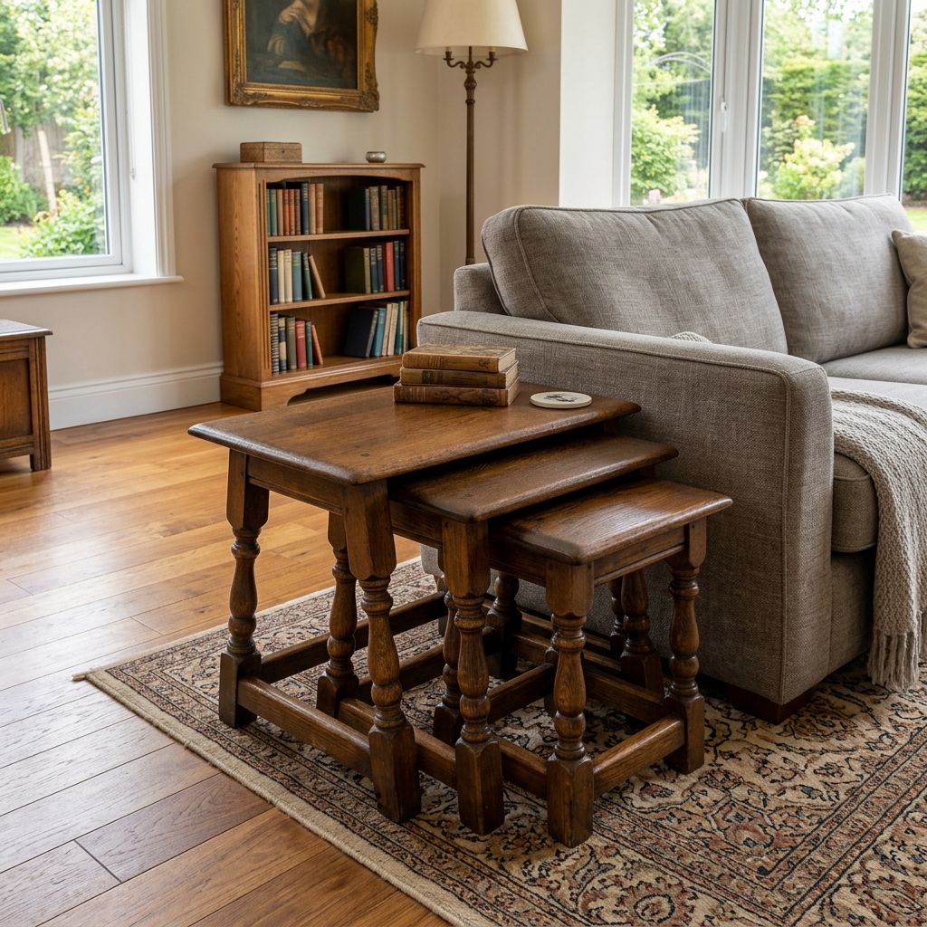 E102 - Oak Nest Set of 3 Oak Tables with turned legs, circa 1940s