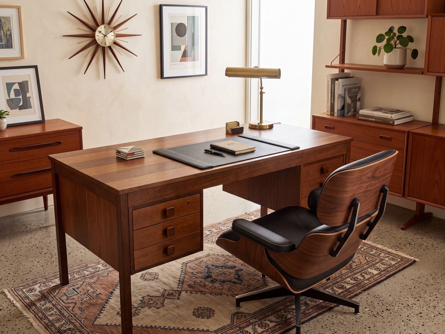 S50 - 4 sided dark veneer MCM desk