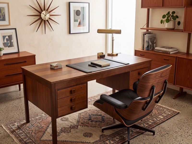 S50 - 4 sided dark veneer MCM desk