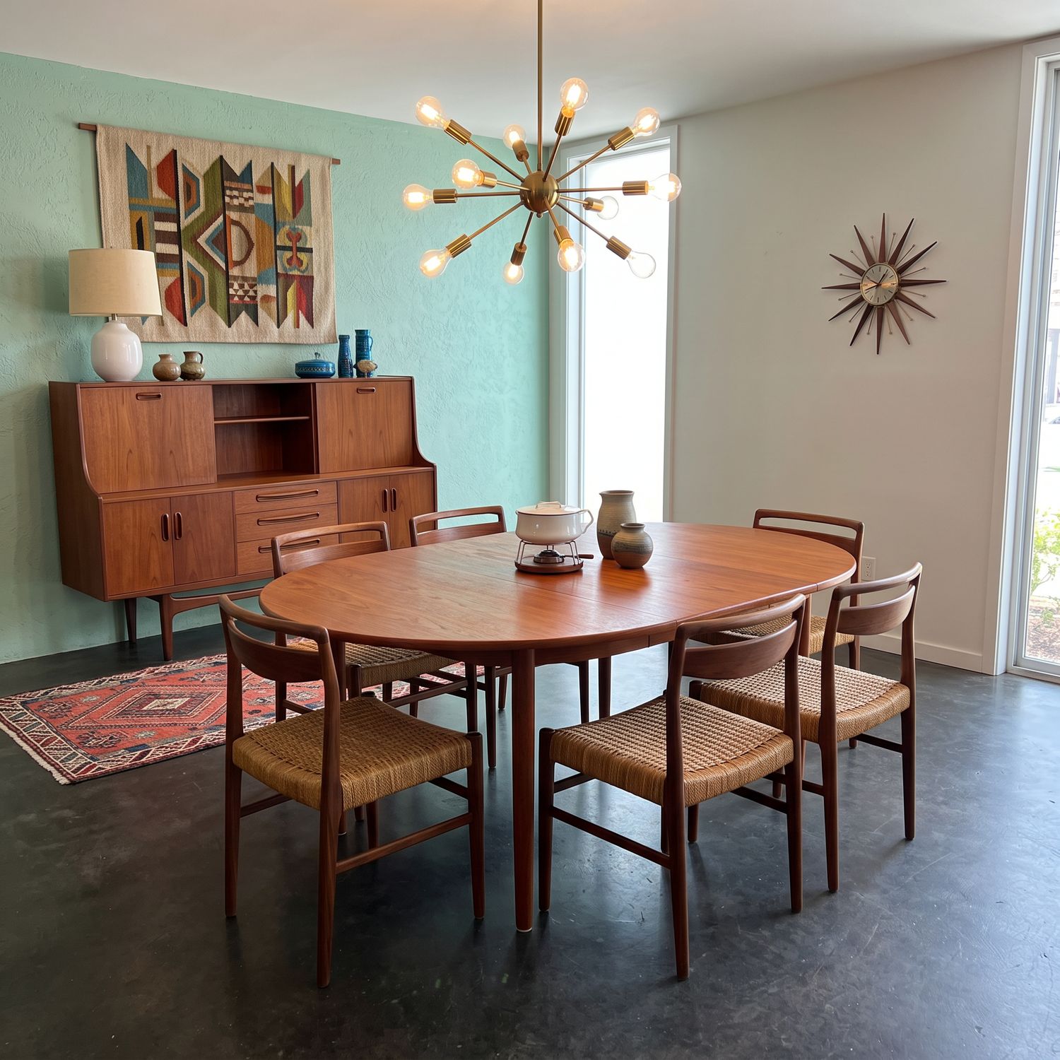 E129 - Very classic MCM Teak Dining table shown with pop up leaf as oval or go to round when leaf stowed