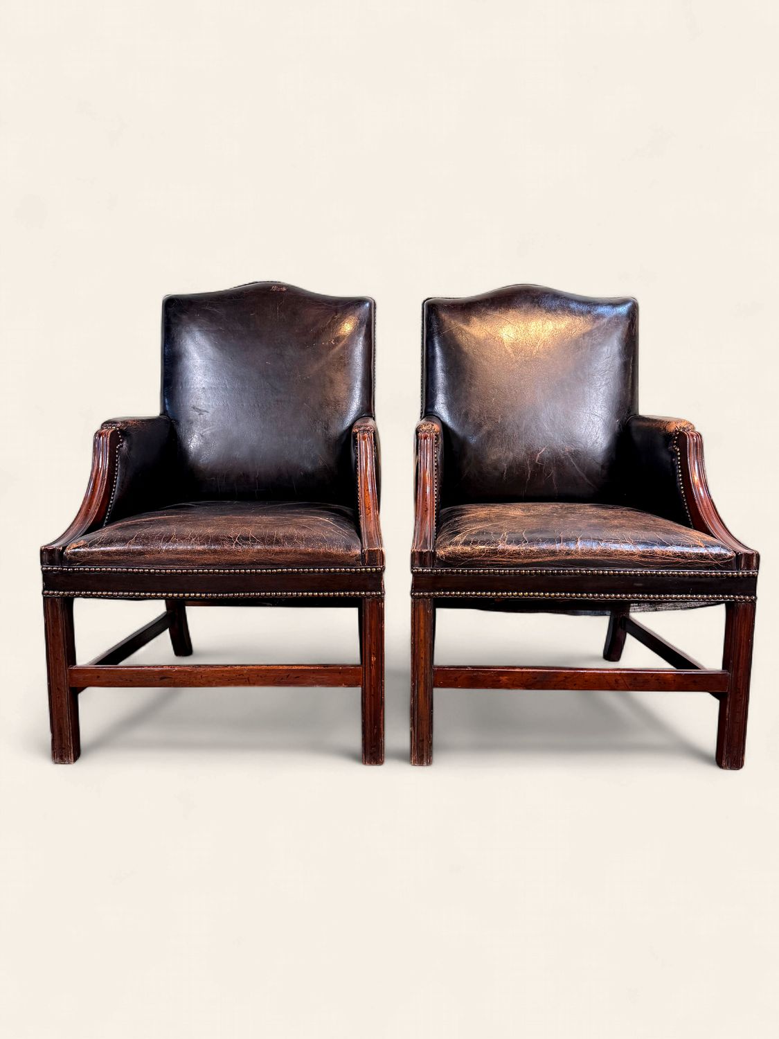 E134 - Handsome Pair of Studded Leather & Wood Armchairs