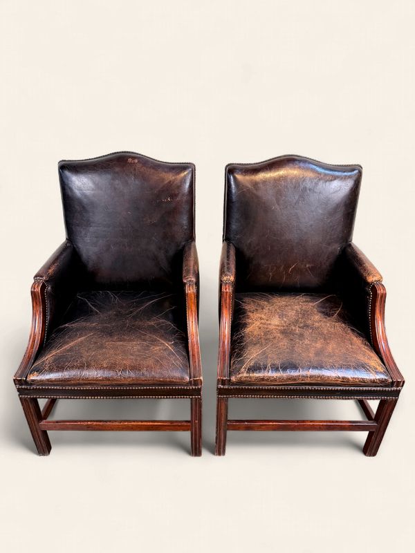 E134 - Handsome Pair of Studded Leather & Wood Armchairs