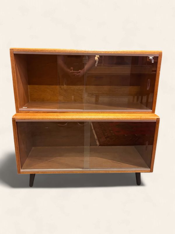 E135 - Two Stack MCM teak bookcase cabinet with sliding glass doors, circa 1970