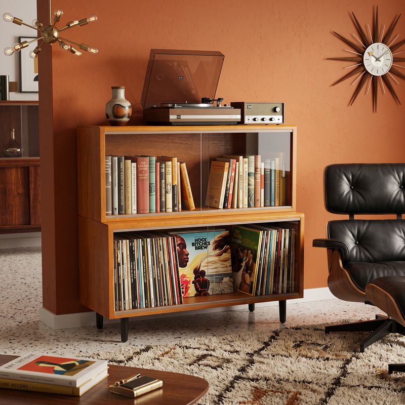 E135 - Two Stack MCM teak bookcase cabinet with sliding glass doors, circa 1970
