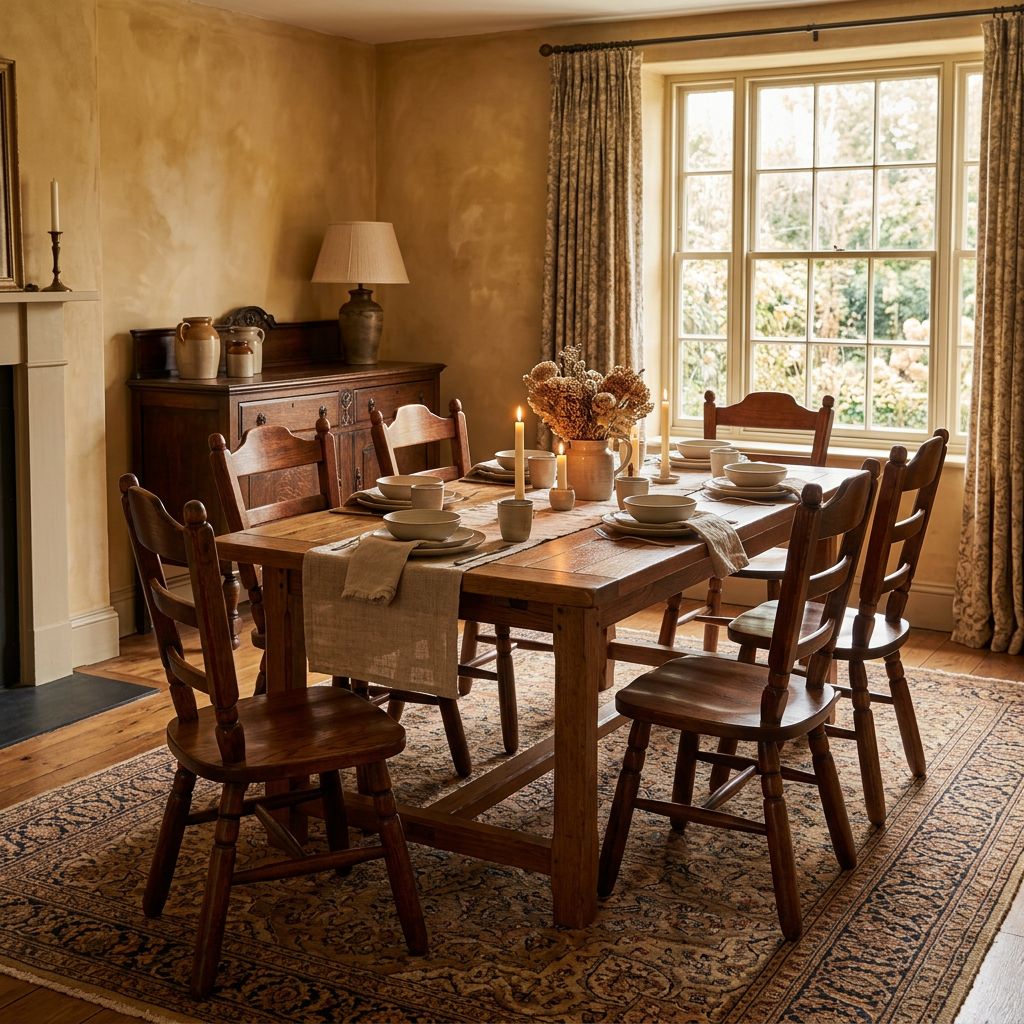 O135 - Set of 6 handsome solid oak French vintage dining chairs. Scoop seat, flared back + legs. Comfortable!