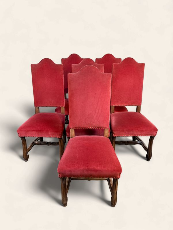 E136 - Set of six beautiful velvet upholstered chairs with nailhead accent, Louis VIII style.