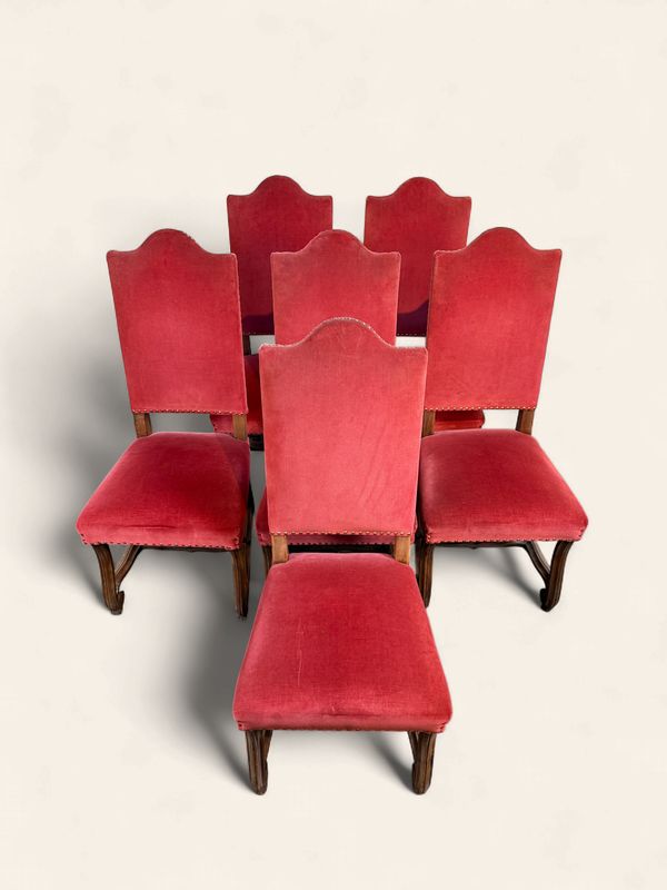 E136 - Set of six beautiful velvet upholstered chairs with nailhead accent, Louis VIII style.