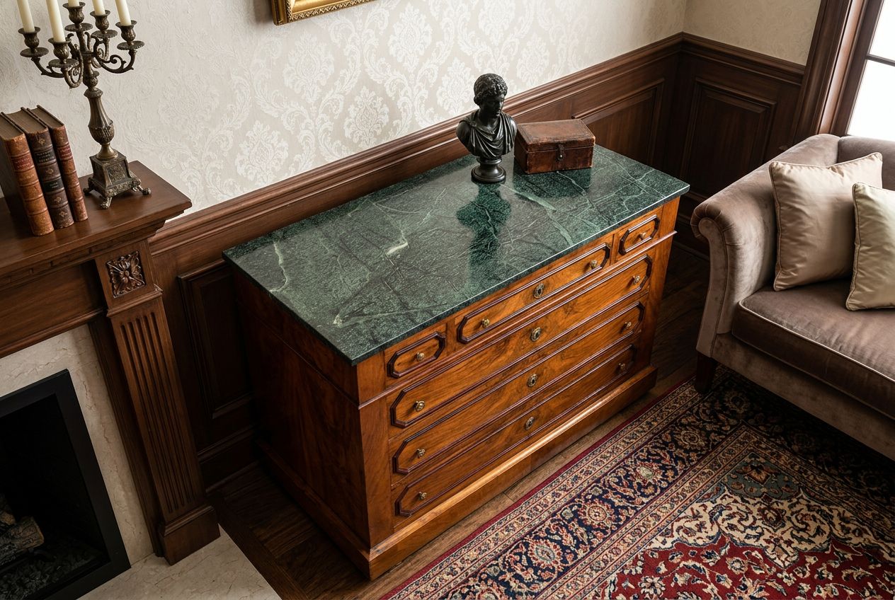 O157 - Lovely Antique 3 over 3 chest with green marble top and brass hardware
