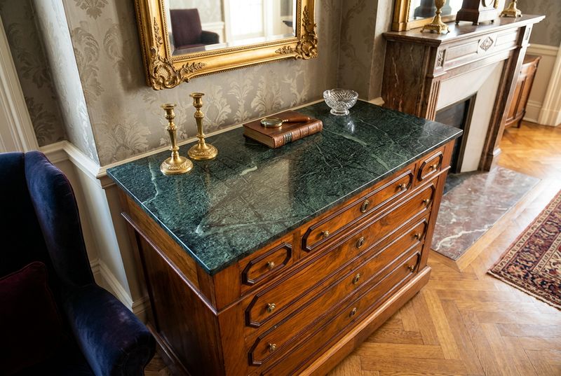 O157 - Lovely Antique 3 over 3 chest with green marble top and brass hardware