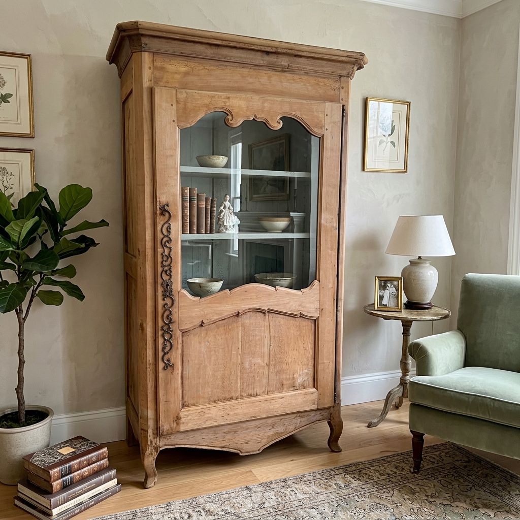 O158 - French Provincial 19th Century Cupboard. Fabulous Hardware on single glass door with blue interior