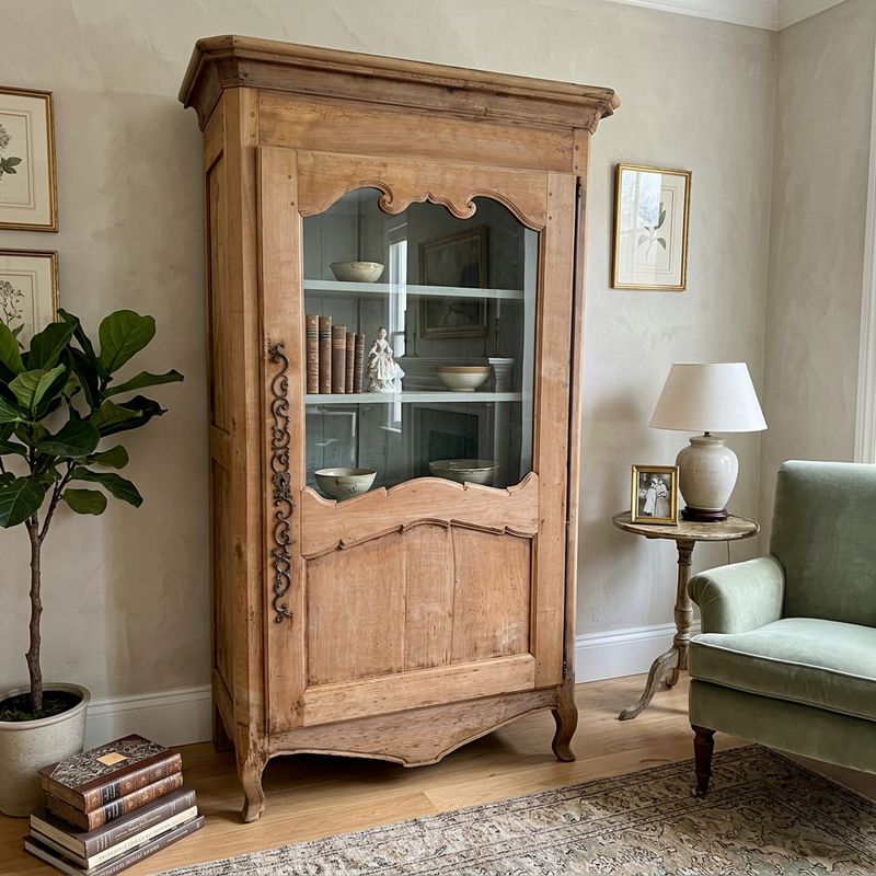 O158 - French Provincial 19th Century Cupboard. Fabulous Hardware on single glass door with blue interior