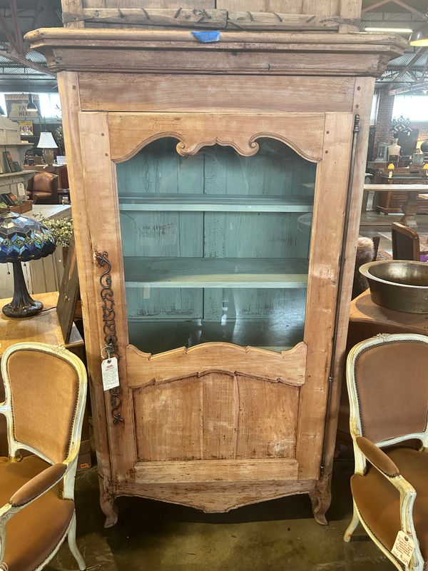O158 - French Provincial 19th Century Cupboard. Fabulous Hardware on single glass door with blue interior