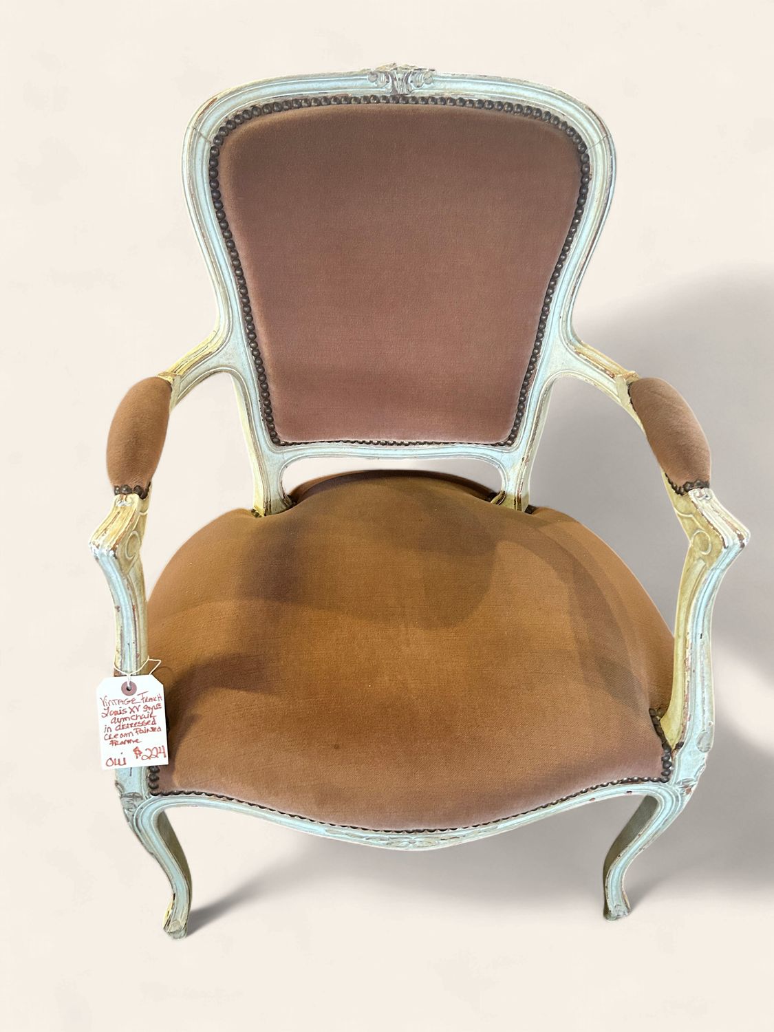 O31 - Vintage French Louis SX Style armchair in distressed cream painted frame