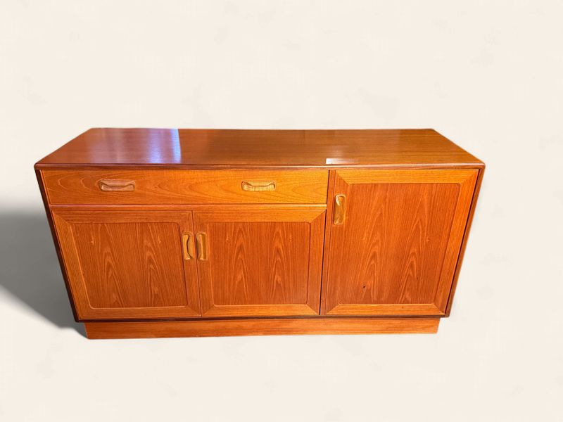 E169 - MCM Teak Console with sculpted, 1 drawer over two door & full side door