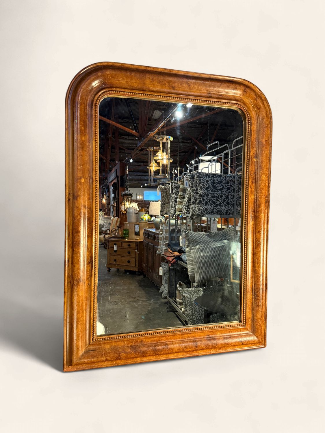 O180 - Antique Louis Philippe Mirror with Graceful Arch Intact Beading and Lovely Patina
