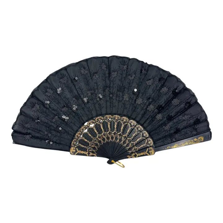 FOLDING HAND FAN, Color: BLACK SEQUIN