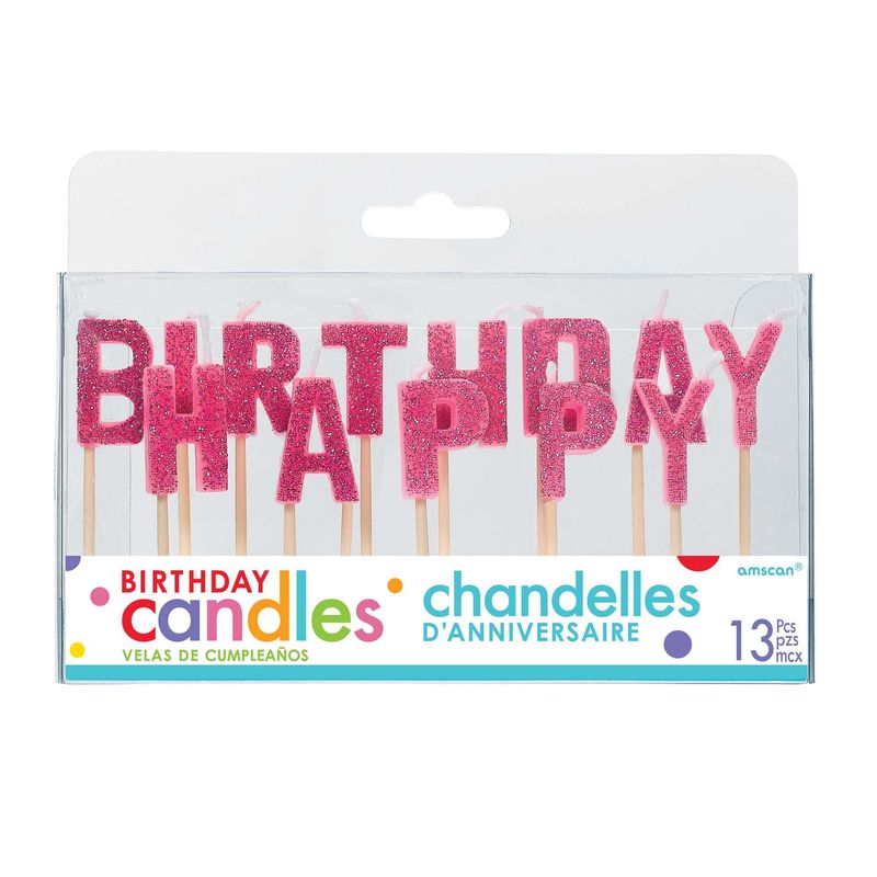 Happy Birthday Glitter Pick Candles - Pink