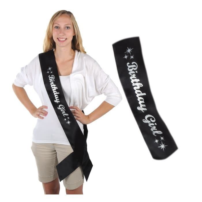 Glittered Birthday Girl Satin Sash-Silver