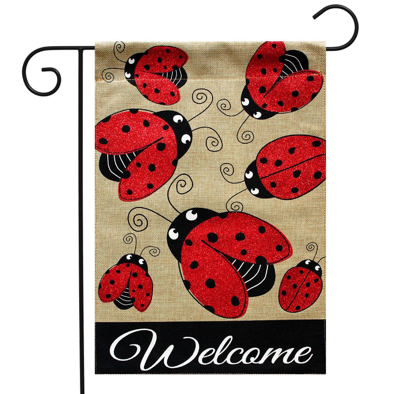 LADYBUG GATHERING BURLAP GARDEN FLAG