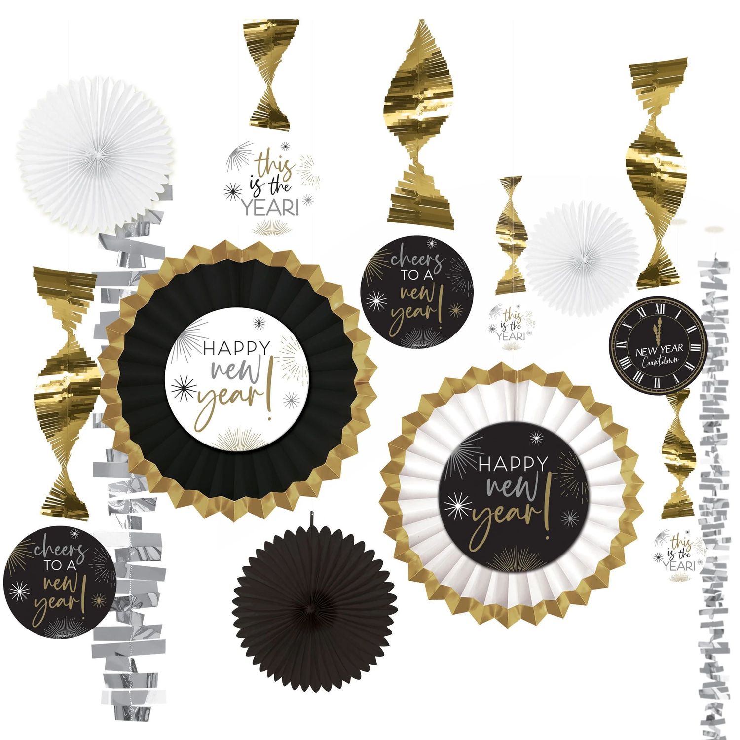 13CT PAPER &amp; FOIL DECOR BLACK, SILVER, GOLD NEW YEARS