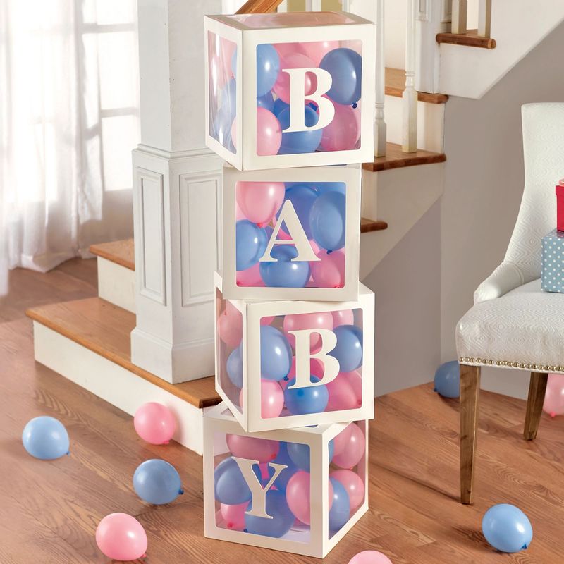 White Pop-Up Baby Block Decorations with Blue &amp; Pink Mini Latex Balloons