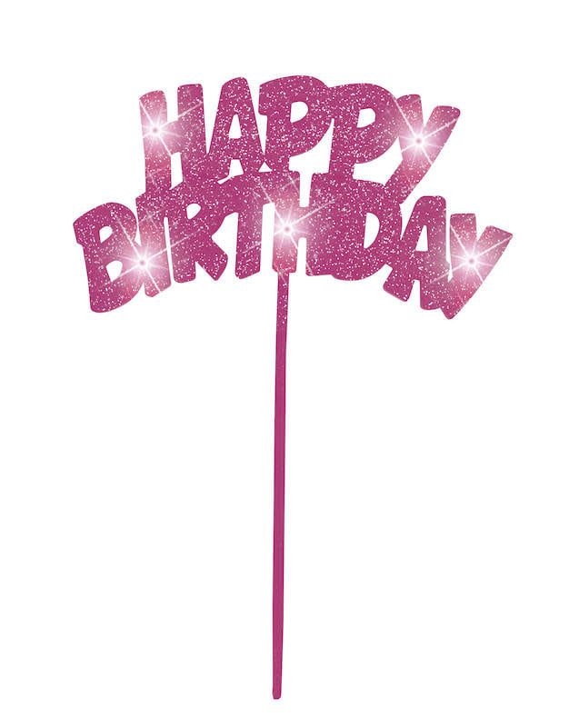 CAKE TOPPER FLASHING PINK  HAPPY BIRTHDAY