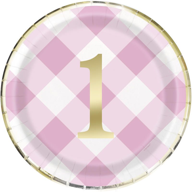 Pink Gingham 1st Birthday 9in Dinner Plates - 8 Count